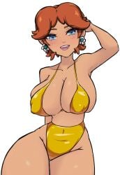 belly big_breasts big_nipples bikini bikini_bottom bikini_top breasts brown_hair glasses golden_bikini hips in2naps mario_(series) nerdy_female nervous nervous_smile princess_daisy smile solo solo_female stockings thick thick_thighs tits_bigger_than_head white_skin
