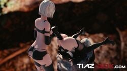 2girls 3d anal anal_insertion anal_penetration animated anus ass blindfold deep_penetration dildo female huge_dildo nier nier:_automata no_sound penetration sex_toy thighhighs tiaz-3dx video white_hair yorha_2b yorha_a2 yuri