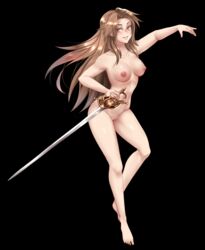 barefoot black_background breasts brown_eyes brown_hair collarbone commentary english_commentary eyes_visible_through_hair female full_body granblue_fantasy katalina_aryze long_hair medium_breasts nipples nude outstretched_arm parted_lips pussy simple_background smile solo sword twrlare very_long_hair weapon