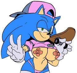 bandaid_pasties bandaids_on_nipples breasts cuisine female furry gesture missphase rule_63 shirt shirt_up sonic_(series) sonic_the_hedgehog sonique_the_hedgehog thighhighs thong v