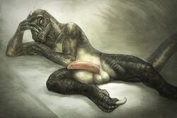 anthro balls claws dinosaur erection feathers green_scales hi_res humanoid_penis indoraptor_(species) jurassic_park jurassic_world klongi looking_at_viewer lying male male_only orange_eyes partially_retracted_foreskin penis presenting scales scalie simple_background sitting_up solo spreading tan_scales teeth uncut