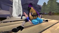 3d ass blue_hair breasts cinisfm elf evie_(paladins) exposed_breasts facesitting female female_only fingering high_heels legs outdoors paladins purple_hair skye_(paladins) twilight_skye yuri