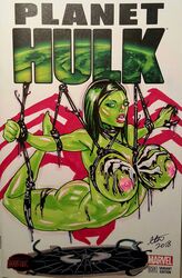 1girls 2018 almostheroesart bondage female green_eyes green_hair green_skin marvel marvel_comics nipples she-hulk spider-man_(series) superheroine symbiote traditional_media_(artwork) venom venom_(marvel)