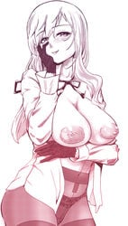 blush breasts female girls_und_panzer greyscale highres large_breasts lingerie looking_at_viewer monochrome navel nipples no_bra open_clothes open_shirt panties panties_under_pantyhose pantyhose shimada_chiyo simple_background smile solo underwear white_background yoyokkun