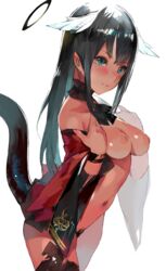 bad_id bad_twitter_id black_hair blue_eyes blush breasts brown_legwear cleavage dark-skinned_female dark_skin female halo highres long_hair magaeshi medium_breasts navel nipples original pubic_hair simple_background smile solo tail thighhighs white_background