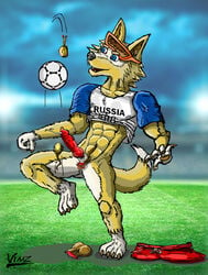 2017 abs animal_genitalia animal_penis anthro ball balls bottomless canine canine_penis castration clothed clothing erection eyewear feet fur genital_mutilation goggles goggles_on_forehead knot male male_only mammal mascot muscular muscular_male penis precum signature soccer soccer_ball solo sport vimz wolf zabivaka