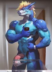 1boy abs anthro balls barely_contained bathroom biceps big_penis blonde_hair blue_skin bulge camera cellphone claws clothing cum cum_through_clothing cum_through_underwear dragon erection erection_under_clothes flexing hair holding_object holding_phone horn invalid_tag jiandou jockstrap leaking looking_at_viewer male male_only mane mirror muscular muscular_male pecs penis phone pose precum presenting selfie simple_background sketch smile solo standing teryx_commodore underwear vein wet_underwear white_underwear yellow_eyes