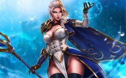 big_breasts blue_eyes breasts dandon_fuga female female_only human jaina_proudmoore large_breasts solo staff standing thighhighs warcraft world_of_warcraft