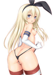 ass ass_cleavage bangs between_labia black_hairband black_panties black_ribbon blonde_hair blue_eyes blush breasts butt_crack chestnut_mouth commentary_request elbow_gloves eyebrows_visible_through_hair female gloves hair_between_eyes hair_ribbon hairband horizontal-striped_legwear horizontal_stripes innie_pussy kantai_collection lifted_by_self long_hair looking_at_viewer looking_back medium_breasts nipples panties panty_lift parted_lips partially_visible_vulva ribbon shimakaze_(kantai_collection) simple_background solo striped striped_legwear thighhighs thong topless toshishikisai underwear underwear_only very_long_hair white_background white_gloves