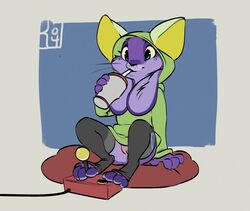 anthro between_toes beverage big_ears blue_eyes bottomless clothed clothing controller cup drinking eyelashes female fur gaming garcelle hoodie lagomorph legwear mammal partially_clothed paws purple_fur pussy rabbit reign-2004 sitting socks solo stockings straw toeless_socks