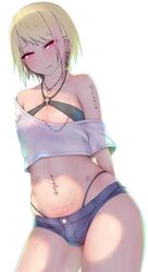 bare_shoulders blonde_hair blush bulge denim_shorts ear_piercing earrings femboy girly heart-shaped_pupils licking_lips looking_at_viewer male male_only navel_piercing nikuku_(kazedesune) piercing pink_eyes solo tattoo thong tongue_out trap