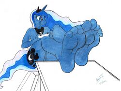 2012 anthro anthrofied barefoot big_feet blue_hair braxia_(artist) controller cutie_mark equine feet female foot_fetish foot_focus friendship_is_magic game_controller hair horn long_hair mammal my_little_pony nude princess_luna_(mlp) pussy soles solo toes