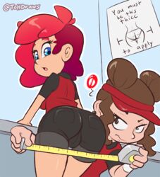 2girls ass boss_(gats) breasts cameltoe double_bun female_only from_behind hair_bun hips interview measuring_tape mole_under_mouth nera_(the_other_half) panties pizza_girl pizza_thot poster rejection shorts the_other_half visor_cap