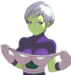 1girls alien alien_girl alternate_breast_size armor battle_armor big_breasts bodysuit breasts cheelai curvy dragon_ball dragon_ball_super elastic_armor eye_contact female gloves green_skin half-closed_eyes humanoid large_breasts looking_at_viewer pink_eyes purple_eyes short_hair smile solo stretching tight_clothing white_background white_hair