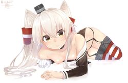 10s amatsukaze_(kantai_collection) bangs black_panties breasts_out collarbone female garter_straps hagirussia_(sanyanyanya) hair_between_eyes hair_tubes isshiki_(ffmania7) kantai_collection long_hair long_sleeves looking_at_viewer lying nipples off_shoulder on_side panties simple_background single_glove solo striped striped_legwear thighhighs third-party_edit twitter_username underwear white_background white_hair yellow_eyes