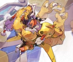 abs anthro armor balls big_claws bound claws cum cumshot digimon ejaculation erection forced hair leaking liayouquanmu male male_only nude open_mouth orange_hair orgasm pecs scar simple_background solo string suspension sweat wargreymon wounded yellow_skin 俩右犬目