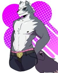 abs anthro areola biceps canine claws clothed clothing eye_patch eyewear fur hair looking_at_viewer male male_only mammal manly muscular navel nintendo nipples pants pecs schlurpin sharp_claws sharp_teeth smile solo standing star_fox teeth topless triceps underwear video_games wolf wolf_o'donnell