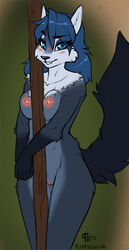 2017 anthro bianca_(sheep_and_wolves) blue_body blue_eyes blue_fur blue_hair blush breasts brown_background canid canine canis female fluff-kevlar fur furry furry_only genitals hair hi_res looking_at_viewer mammal nipples no_humans nude pole pussy sheep_and_wolves smile solo tuft wizart wizarts wolf