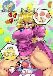 1boy 1girls ass big_ass big_breasts blonde_hair blue_eyes blush body_swap body_thief bottomless breasts closed_eyes clothing crown dress dress_lift earrings elbow_gloves empty_eyes eyelashes eyeshadow female gloves green_background heart holding human large_breasts lifted_by_self long_hair makeup male mario_(series) nintendo no_panties onat open_mouth pink_dress princess_peach pussy rubbing smaller_male smile spread_legs spreading squatting standing text thick_thighs toad_(mario) tumblr watermark wide_hips