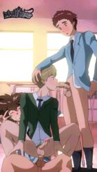 3boys anal anal_penetration animated asian asian_male ass ass_juice bottomless brown_hair classroom digimon digimon_adventure_tri. drooling erection fellatio gay gesture human human_only koushiro_izumi looking_at_viewer male male/male male_only maoh_king multiple_boys necktie penetration penis pubic_hair saliva school school_uniform sex smile socks straddling taichi_yagami takeru_takaishi threesome tongue_out uncensored v yaoi