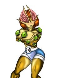 1girls alien alien_girl ben_10 breasts cartoon_network eye_guy female gwen_10 gwen_tennyson humanoid large_breasts multi_eye opticoid orange_hair shorts solo