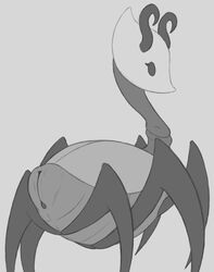 6_legs abdomen arthropod beetle empty_eyes female giraffe_weevil grey_background hollow_knight ikakins insect_abdomen_pussy insects monochrome multi_leg multi_limb pussy rear_view simple_background solo video_games wavy_horn weevil willoh_(hollow_knight)