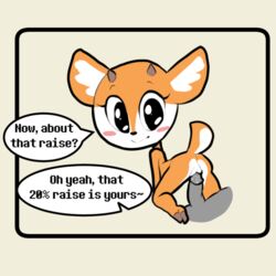 2018 aggressive_retsuko antelope anthro blush dialogue domination duo english_text erection faceless_male female female_focus femdom from_behind_position fur hi_res hooves itsunknownanon kneeling looking_back male mammal orange_fur penis prodding pussy sex simple_background smile smooth_fur solo_focus straight teasing text tsunoda white_background