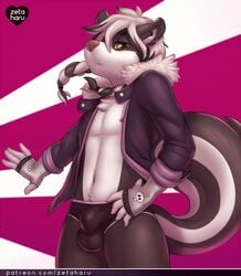 anthro briefs bulge clothing fingerless_gloves gloves hair long_hair male male_only mammal navel nipples open_jacket simple_background skunk solo underwear zeta-haru