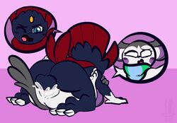 1-upclock 1boy 1girls 3_toes ahe_gao alternate_color arm_grab ass balls big_ass big_balls big_ears big_penis big_testicles blue_eyes blue_fur blush claws clenched_teeth clothing cum cum_inside emolga empty_eyes eyelashes fangs feet female flying_squirrel furry grey_fur holding interspecies legs_up looking_pleasured male mating_press missionary_position nintendo nude on_back on_top open_mouth original_character penis pink_background pokémon_(species) pokemon pokemon_(species) pokemon_bw pokemon_dppt purple_fur pussy rolling_eyes scarf sex simple_background smile tail teeth testicles text thick_thighs toes tongue vaginal_penetration video_games watermark weavile white_fur wink