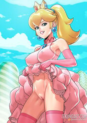 1girls abs bare_shoulders blonde_hair blue_eyes bottomless breasts clothing crown dress dress_lift earrings elbow_gloves exposed_pussy female female_only gloves human large_breasts lifted_by_self looking_at_viewer mario_(series) nintendo nipple_bulge no_bra no_panties outdoors pink_dress pink_gloves ponytail princess_peach pussy sleeveless sleeveless_dress smile solo standing super_mario_bros. tekuho text thighhighs tied_hair tight_clothing url watermark