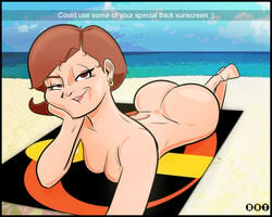 1girls ass beach breasts cleavage dat_ass disney elastigirl female female_only grin helen_parr human nude pixar smooth_skin snapchat solo text the_incredibles thedotsman watermark