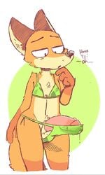 1boy 2018 anthro balls bedroom_eyes bikini canine crossdressing cum cum_in_clothing cum_in_underwear disney elchilenito erection fox fur half-closed_eyes male male_only mammal nick_wilde penis seductive solo swimsuit text thick_thighs underwear wide_hips zootopia