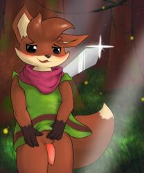 2018 anthro black_eyes blush bottomless canine clothed clothing dunewulff embarrassed firefly forest fox hi_res looking_down male mammal melee_weapon open_mouth penis signature solo sword tapering_penis tongue tree tunic weapon