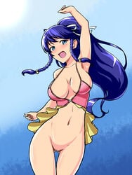 areola_slip areolae arm_up blue_hair bottomless breasts erect_nipples female fire_emblem fire_emblem:_the_sacred_stones fire_emblem_heroes memetsu_(umvn4442) navel nintendo pussy smile swimsuit tana_(fire_emblem) tana_(summer)_(fire_emblem)