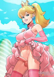 1futa blonde_hair blue_eyes breasts clothing crown dress dress_lift earrings elbow_gloves erect_nipples erection full-package_futanari futa_only futanari gloves hourglass_figure intersex large_breasts lifted_by_self lipstick looking_at_viewer mario_(series) nintendo nipple_bulge no_panties outdoors penis penis_under_dress pink_dress pink_gloves ponytail princess_peach sleeveless sleeveless_dress smile solo standing super_mario_bros. tekuho testicles thighhighs tied_hair tight_clothing