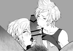 3boys artist_request blush censored erection fellatio final_fantasy final_fantasy_xv gay large_penis licking male male/male male_only multiple_blowjob multiple_boys penis penis_grab prompto_argentum size_difference sweat threesome tongue tongue_out yaoi