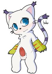 1boy animal_genitalia animal_penis bakap balls barbed_penis blue_eyes blush claws clothing digimon ear_tuft feline feline_penis fur gatomon gloves hi_res long_tail male male_only mammal penis simple_background solo tuft whiskers white_background white_fur