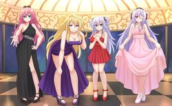 4girls accessories age_difference bare_shoulders black_dress black_footwear blonde_hair blue_eyes blush breasts checkered claudia_enfield clavicle cross dress female females_only gakusen_toshi_asterisk hair_ornament hair_scrunchie hand_on_hip hand_on_own_chest julis-alexia_von_riessfeld kazenokaze legs long_hair looking_at_viewer multiple_girls one_eye_closed pink_hair pointing ponytail purple_dress purple_hair red_dress ribbon shoes size_difference skirt_hold smile sylvia_lyyneheym toudou_kirin twintails violet_eyes