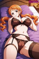 ai_assisted ai_generated ass_visible_through_thighs bangs bed bed_sheet black_bra black_panties black_thighhighs blush bra breasts brown_bra cameltoe closed_mouth female female_only garter_belt hands_on_own_chest indoors large_breasts lingerie long_hair looking_at_viewer lying nami_(one_piece) navel nipples on_back on_bed one_piece orange_eyes orange_hair panties pillow shiny side-tie_panties smile solo stelmazura stomach thighhighs thighs twintails underwear underwear_only