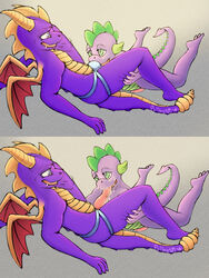 clothing crotch_sniffing cum cum_in_mouth cum_inside dragon fellatio friendship_is_magic jockstrap lying male my_little_pony on_back oral orgasm penis pullmytail scalie sex smooth_skin sniffing spike_(mlp) spyro spyro_the_dragon underwear video_games yaoi