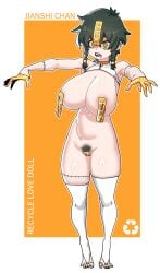 areola_slip bell black_hair black_pubic_hair border braid breasts bridal_legwear commentary drooling empty_eyes female female_pubic_hair full_body gintm gloves green_eyes half_gloves highres huge_breasts jiangshi jingle_bell maebari mouth_drool neck_bell nude ofuda ofuda_on_head ofuda_on_nipples ofuda_on_pussy open_mouth orange_background original outside_border outstretched_arms pasties patchwork_skin pubic_hair shaded_face sharp_teeth short_hair simple_background solo squiggle_eyes standing stitched_arm stitched_leg stitches teeth thick_thighs thighhighs thighs twin_braids white_border white_thighhighs yellow_gloves zombie_pose