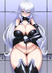 big_breasts black_heart blue_eyes blush breasts cleavage clothing female female_only goddess impossible_clothes light_skin looking_at_viewer neptunia_(series) noire polyester_(artist) pussy solo thick_thighs voluptuous white_hair