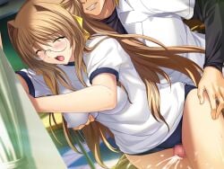1boy blush breasts brown_hair buruma censored choukou_(alicesoft) choukou_tenshi_escalayer classroom closed_eyes covered_nipples cum ejaculation female game_cg glasses grabbing_another's_breast grabbing_from_behind grin groping gym_uniform hair_intakes hair_ribbon kouenji_sayuka large_breasts large_variant_set long_hair mosaic_censoring non-web_source official_art onigirikun open_mouth parted_lips penis ribbon self-datamine smile solo_focus straight sweat thigh_sex variant_set