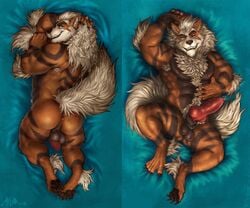 1boy 2018 abs animal_genitalia animal_penis anthro anthrofied anus arcanine arm_up armpit_hair armpits ass back bed belly big_ass big_penis blue_background blue_eyes body_hair brown_fur canine_penis chest_tuft chumbasket claws dakimakura_design digitigrade erection fangs feet fur furgonomics furry furry-specific_piercing genital_piercing hairy half-closed_eyes happy_trail knot large_ass looking_at_viewer looking_back lying male male_only muscular muscular_male neck_tuft nintendo nipples nude on_back on_bed on_front orange_fur pawpads paws penis penis_piercing piercing pokemon pokemon_(species) pokemon_rgby presenting presenting_hindquarters prince_albert_piercing red_penis sheath smile soles solo spread_toes stripes tail teeth testicles text thick_thighs toes tuft veins veiny_penis video_games watermark white_fur wide_hips