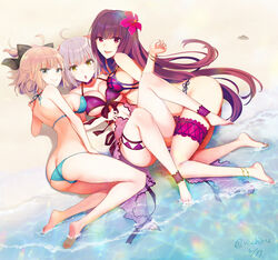 3girls ass ass_cleavage beach bikini breasts butt_crack cleavage day eyebrows_visible_through_hair fate/grand_order fate_(series) female_ass jeanne_alter large_breasts long_hair looking_at_viewer multiple_girls nichiru ocean okita_souji_(fate) scathach_(fate) scathach_(swimsuit_assassin) short_hair summer swimsuit