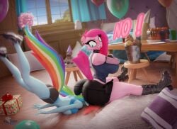 2026 2girls 3d_(artwork) absurd_res anthro anthrofied big_ass big_breasts blender_(artwork) bottomwear butt_crush clothing comedy crush digital_media_(artwork) duo female female/female footwear friendship_is_magic funny hasbro hi_res hooves-art humor my_little_pony piercing pinkamena_(mlp) pinkie_pie_(mlp) rainbow_dash_(mlp) shoes skirt tagme