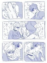 2boys alien_stage artist_name bad_id bad_twitter_id blush closed_eyes cross cross_necklace english_text frotting heart heartiaac highres ivan_(alien_stage) jewelry kissing male_focus monochrome multiple_boys necklace open_mouth penis penises_touching short_hair till_(alien_stage) yaoi