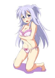 1girls bikini blush bra dbmaster female gakusen_toshi_asterisk kneeling long_hair medium_breasts nervous open_mouth panties purple_eyes purple_hair ribbon solo solo_female toudou_kirin twintails underwear