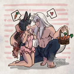 <3 animal_ears aquarina arm_around_neck barefoot basket black_hair blush brown_eyes bunny_ears canon_couple carrot husband_and_wife inuyasha inuyasha_(character) kagome_higurashi kneeling looking_at_another nipple nipples orange_eyes roleplay sideboob speech_bubble squatting tail topless white_hair