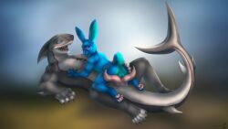 2_penises 4_toes 5_fingers 5_toes absurd_res animal_genitalia animal_penis anthro aquatic balls butt butt_grab crimsonshark_(character) digitigrade duo eyewear feet fin fingers fish genital_slit genitals glasses hand_on_butt hemipenes hi_res kenthebluebunny_(character) khalia_art lagomorph laying_on_top leporid lying male male/male mammal multi_genitalia multi_penis on_back open_mouth penetration penis plantigrade rabbit shark sharp_teeth slit_penetration slit_play teeth toes